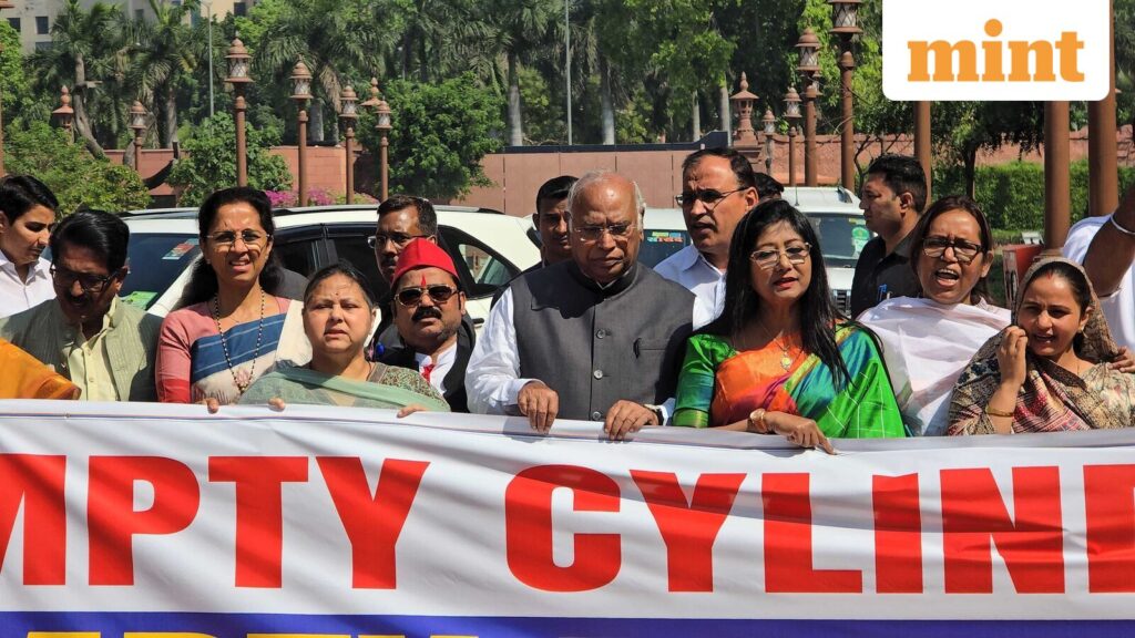 Watch Video: Oppn MPs protest in Parliament House complex over ‘LPG supply crunch’ – ‘empty cylinders, empty promise’
